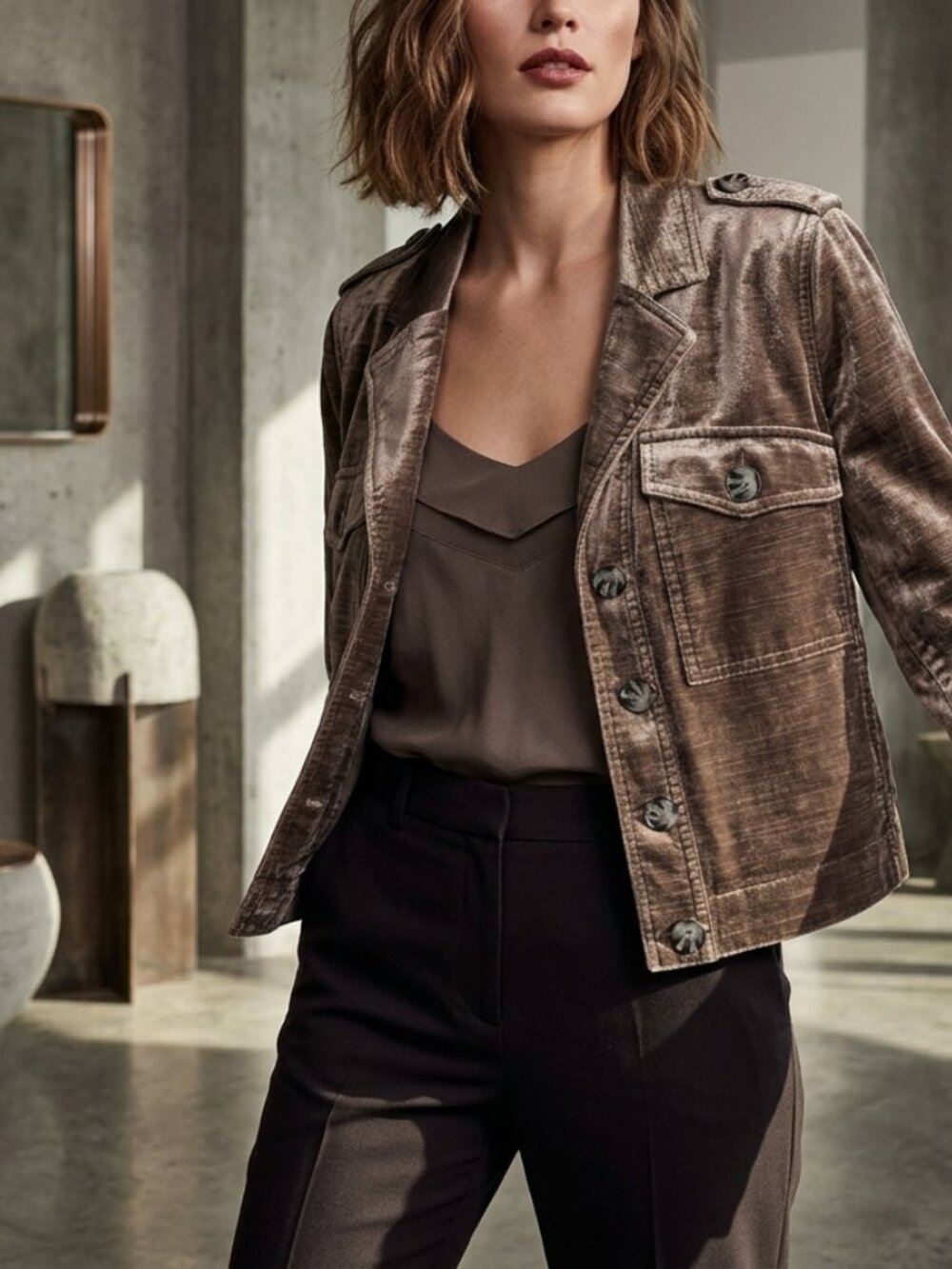 Cabi Velvet Utility Jacket Metallic Taupe – Size Small